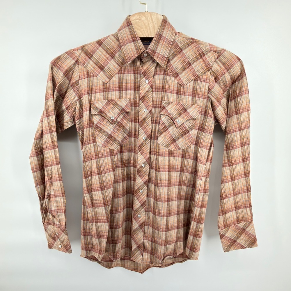 Miller Stockman Western Shirt Mens 15.5-35 Orange Plaid Pearl Snap Vintage